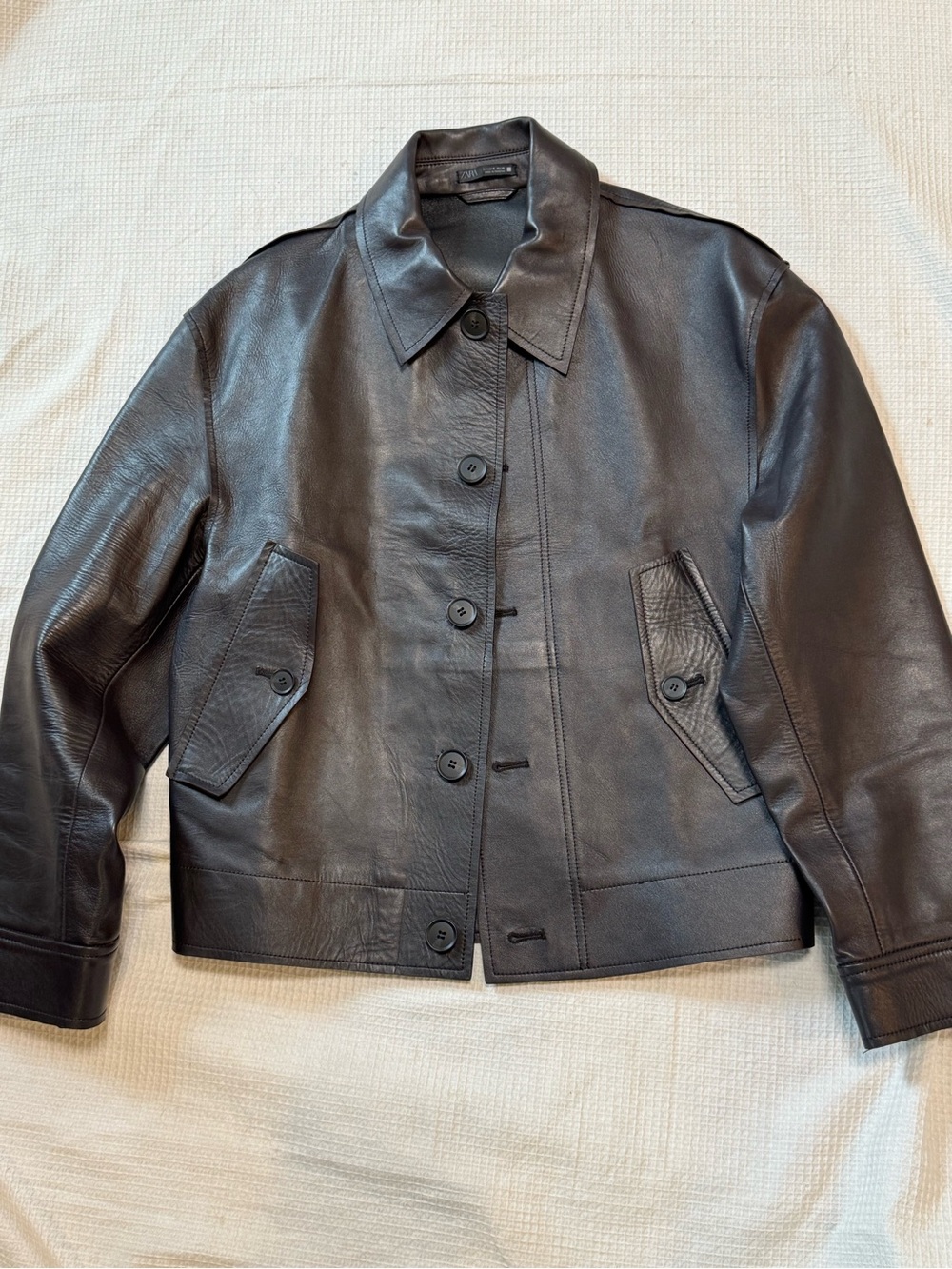 Zara Men's Brown Leather Jacket - Classic Button-Front